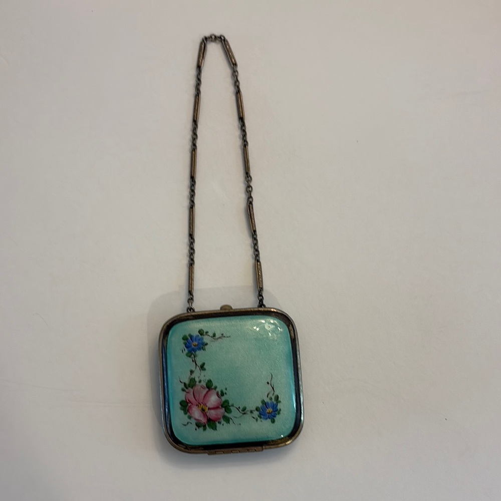 Antique Guilloche Painted Floral Enamel Square “Dance Compact” Bracelet